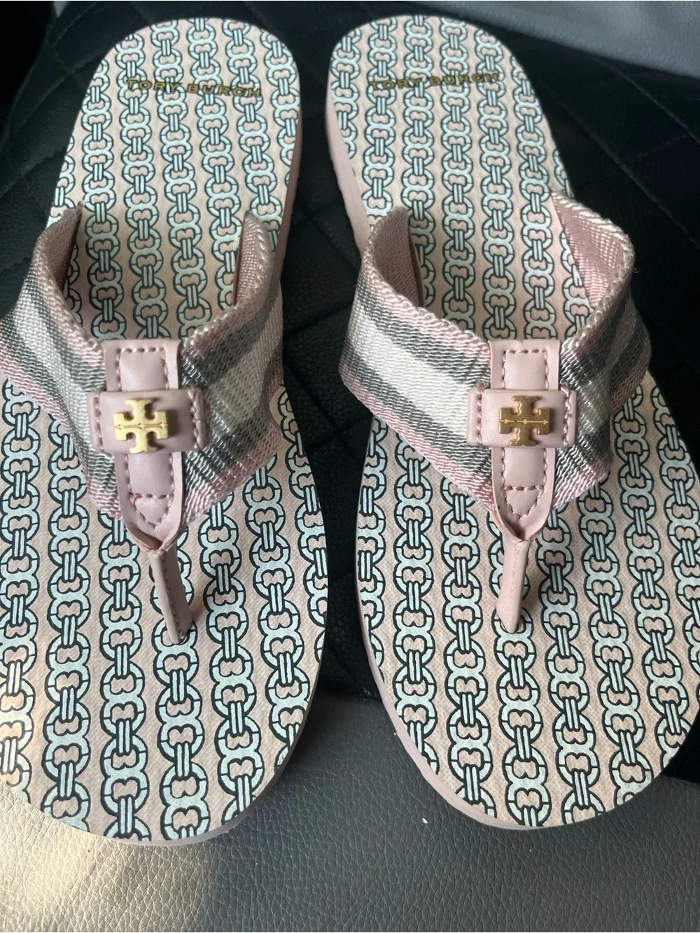 Tory Burch Pink & Cream And Grey Patterned Logo Thong Sandals